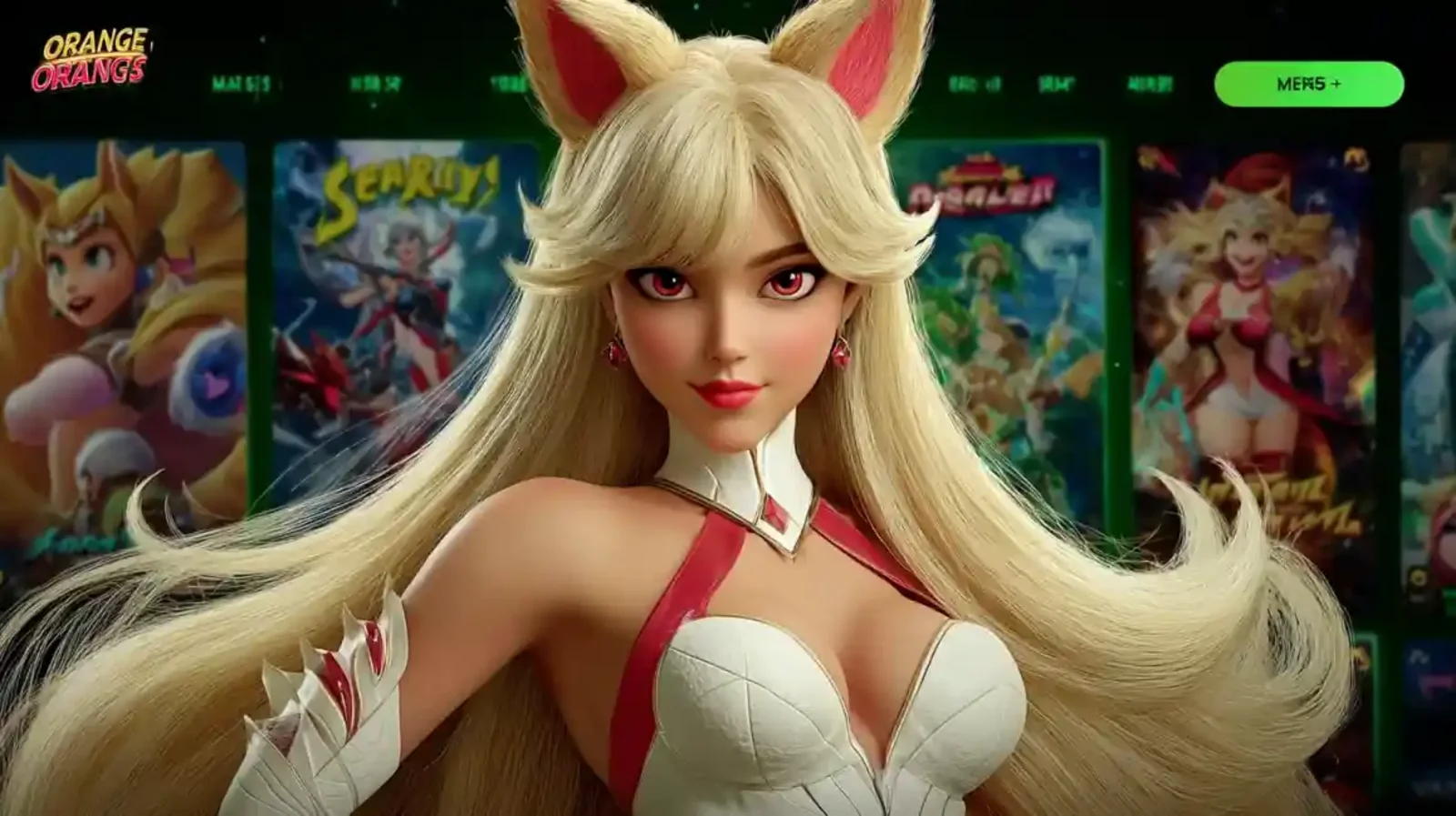 Blonde anime girl with fox ears in front of colorful slot game selection