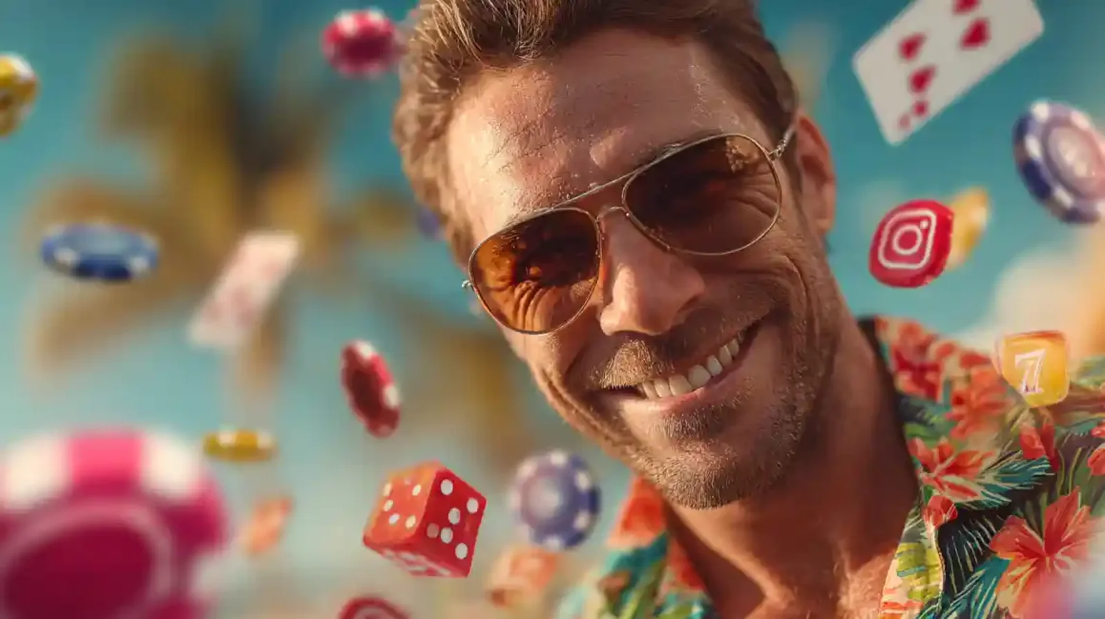 Happy man in sunglasses celebrating casino wins with poker chips dice and social media